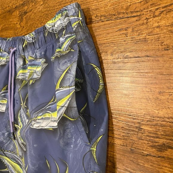Psycho Tuna Blue Fish Print Vacation Beach Pool Swim Trunks Shorts 6" Men's Med - Picture 3 of 7